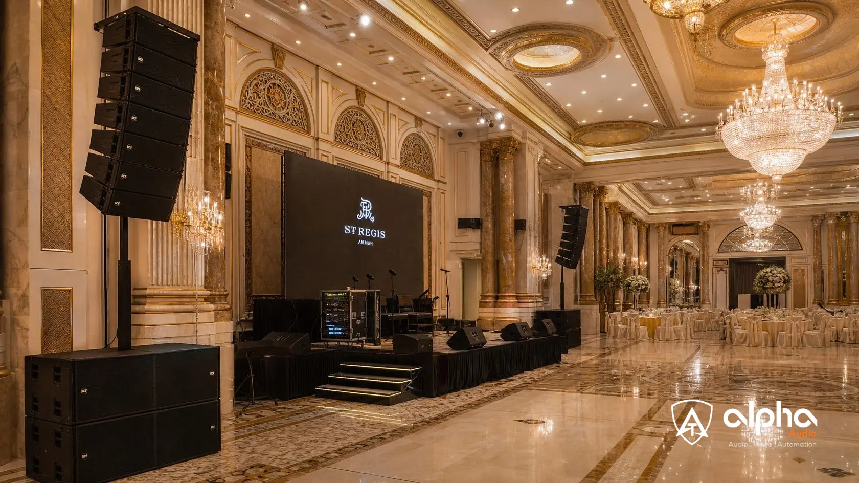 Hotel ballroom setup in Pakistan with RCF line array and column speakers for events and conferences
