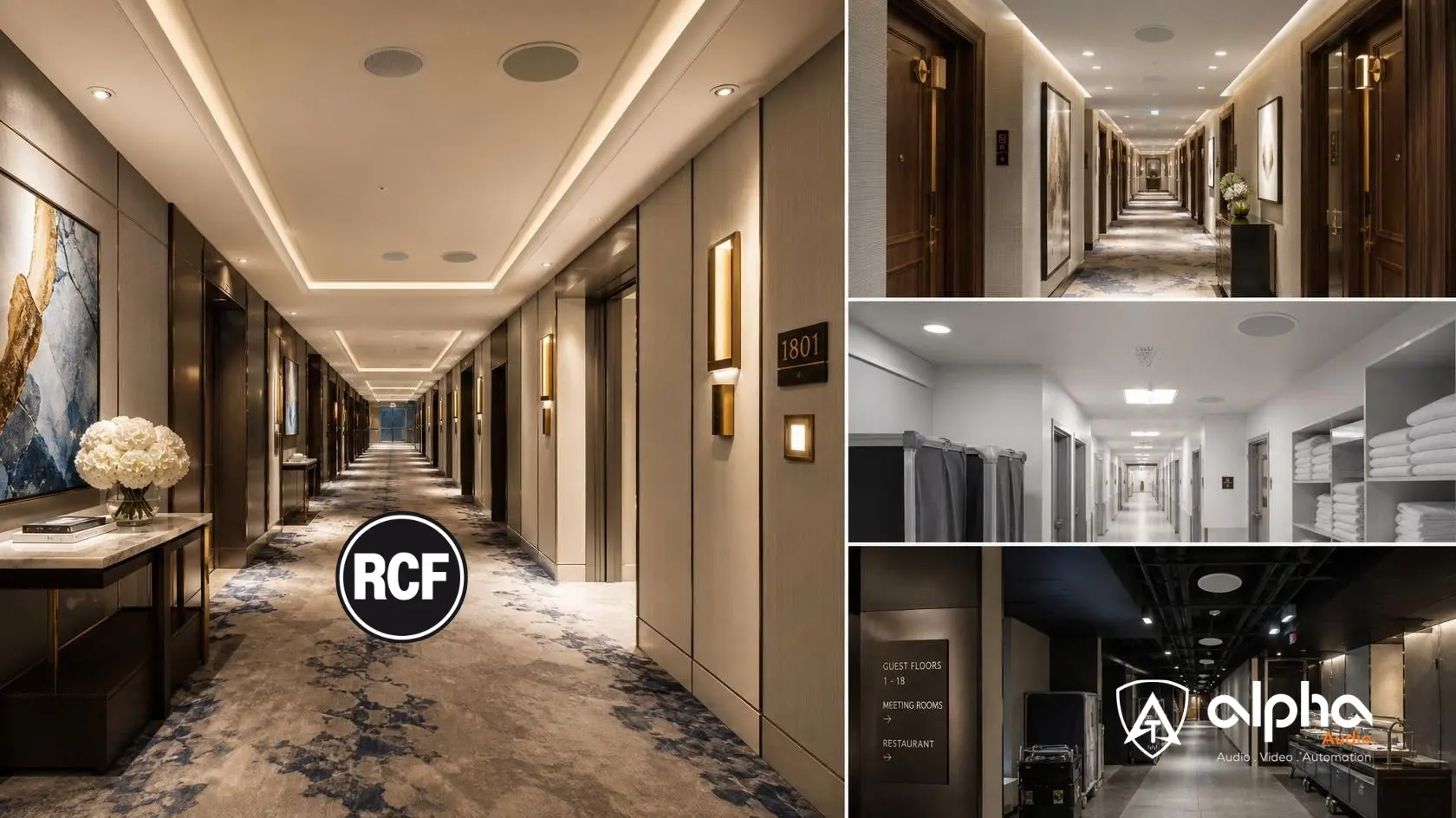 Hotel guest corridor with low-profile RCF ceiling speakers and EN54 voice evacuation system