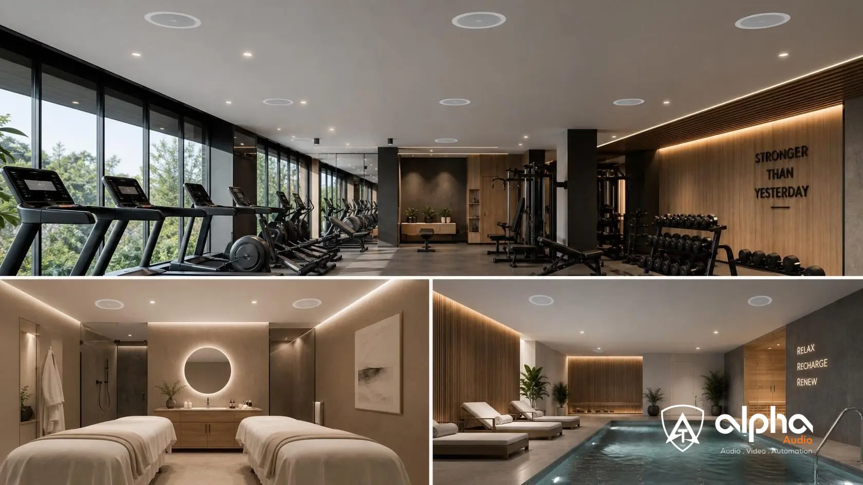 Hotel spa and gym area with zoned RCF ceiling speakers for ambient sound