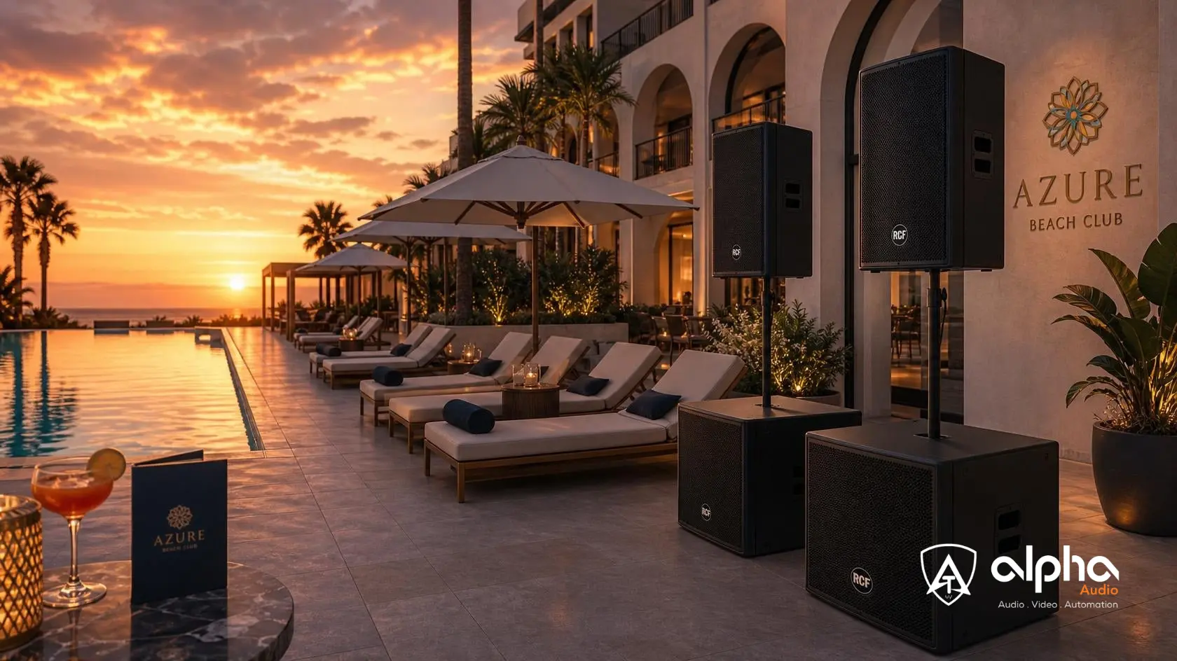 pool deck at a luxury hotel with weatherproof RCF outdoor speakers Hotel guest corridor with low-profile RCF ceiling speakers and EN54 voice evacuation system