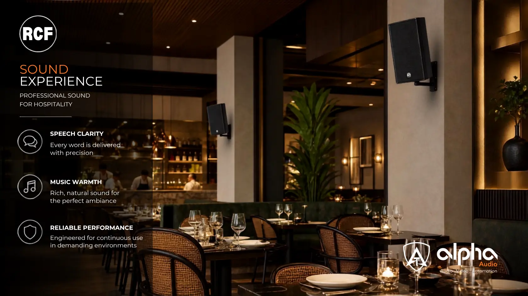 Fine-dining restaurant interior with RCF in-ceiling speakers for background music and paging